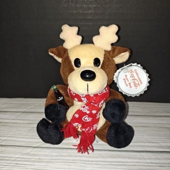 Reindeer Bean Bag Plush in Coca Cola Snowflake Scarf 1998 6" w Tags Winter Coke - Picture 3 of 8